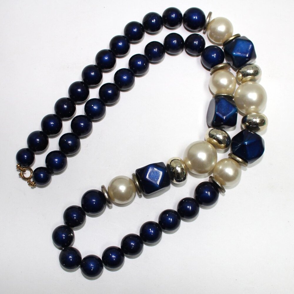Blue, Silver Bead & Imitation Pearl 30" Long Resin Spring Ring Clasp Necklace - Picture 5 of 9